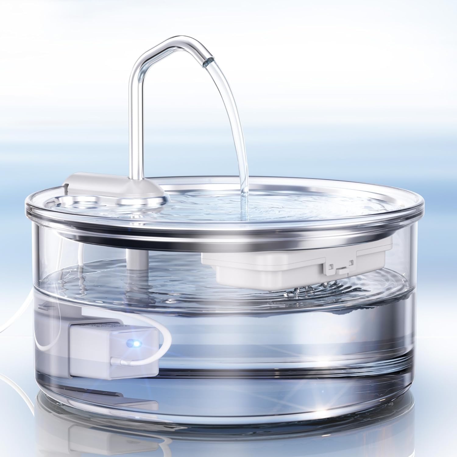 Tomxcute glass cat water fountain shows the 108oz reservoir for long-lasting hydration.