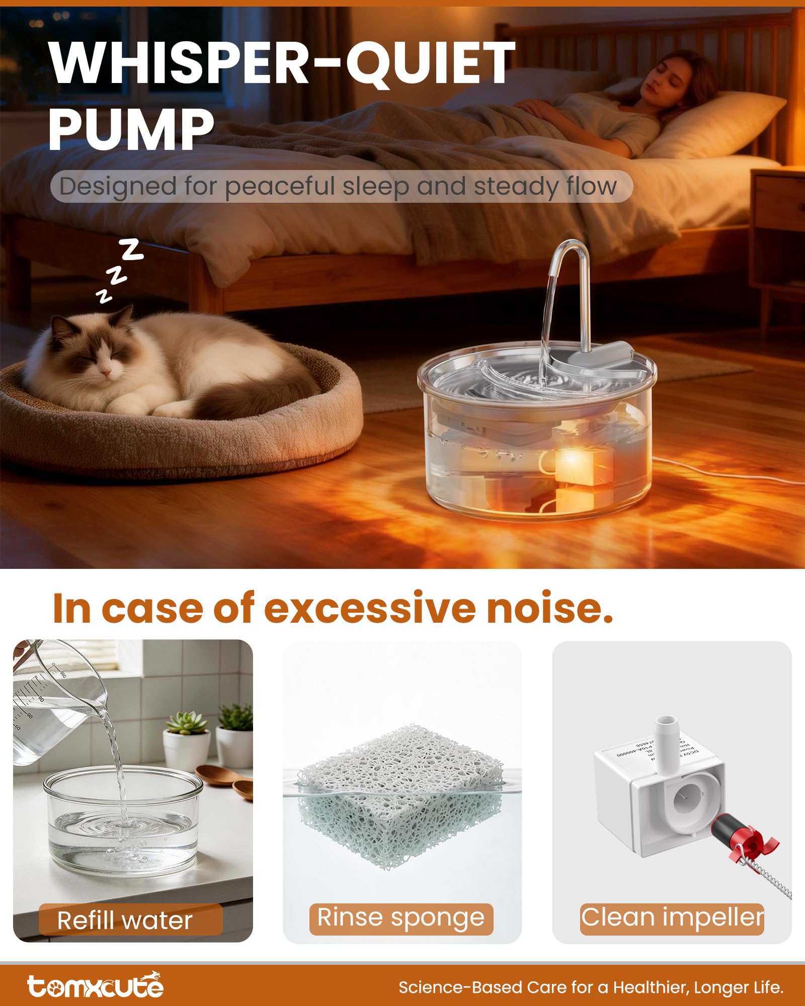 Glass body of Tomxcute fountain is dishwasher-safe for easy cleaning
