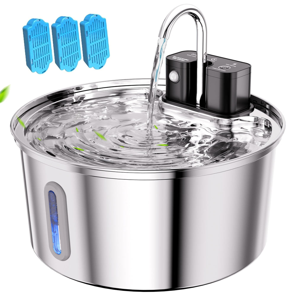 Tomxcute wireless cat water fountain front view highlights stainless steel build for durable hydration.