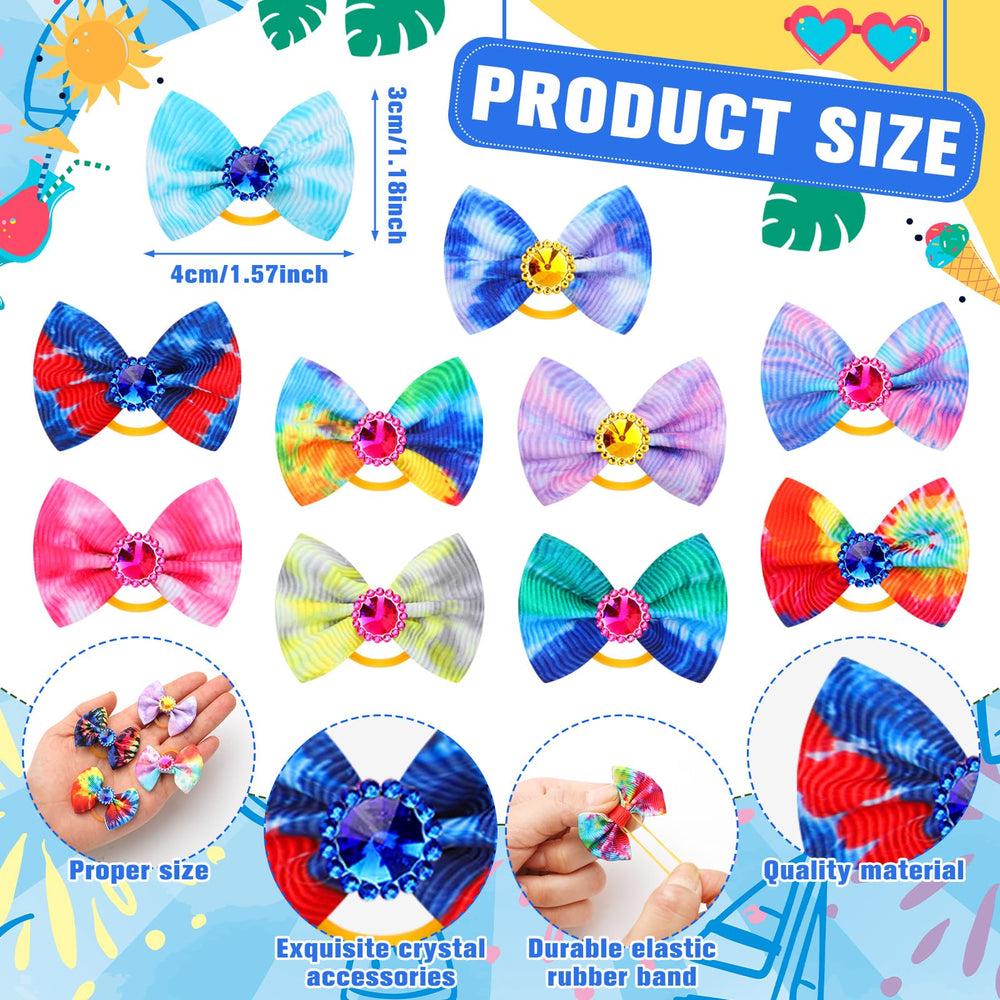 Tondiamo blue tie-dye pattern bow with rhinestones for daily styling on pets.