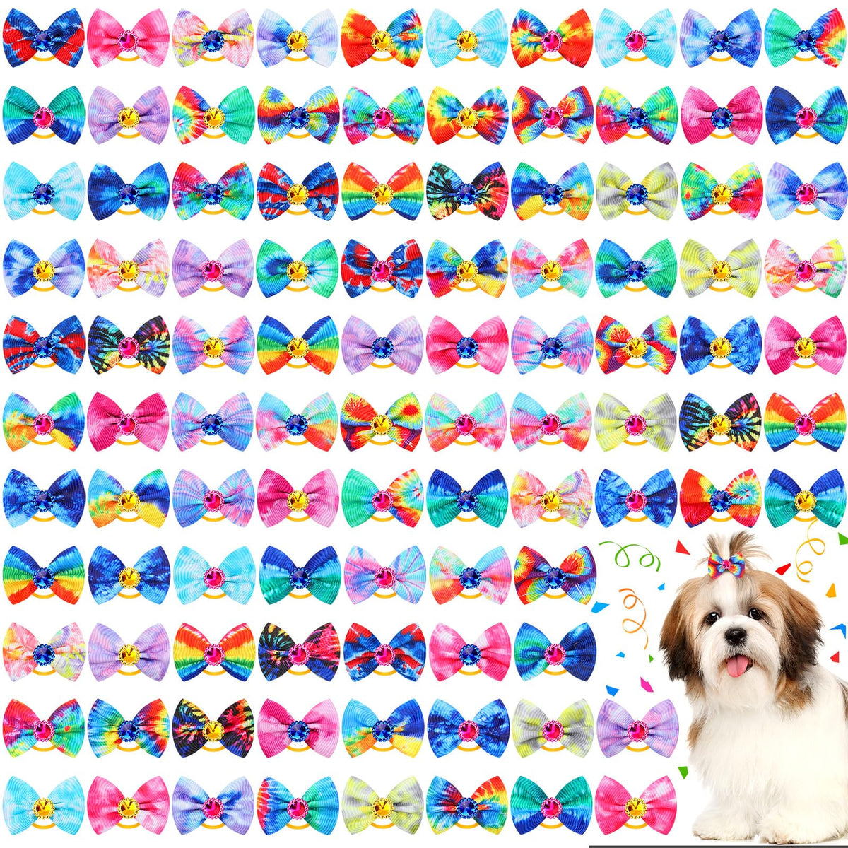 Tondiamo 100-pack tie-dye dog bows designed for small dogs with easy-to-use elastic bands.