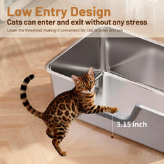 Tondid stainless steel litter box with low-front entry for timid cats