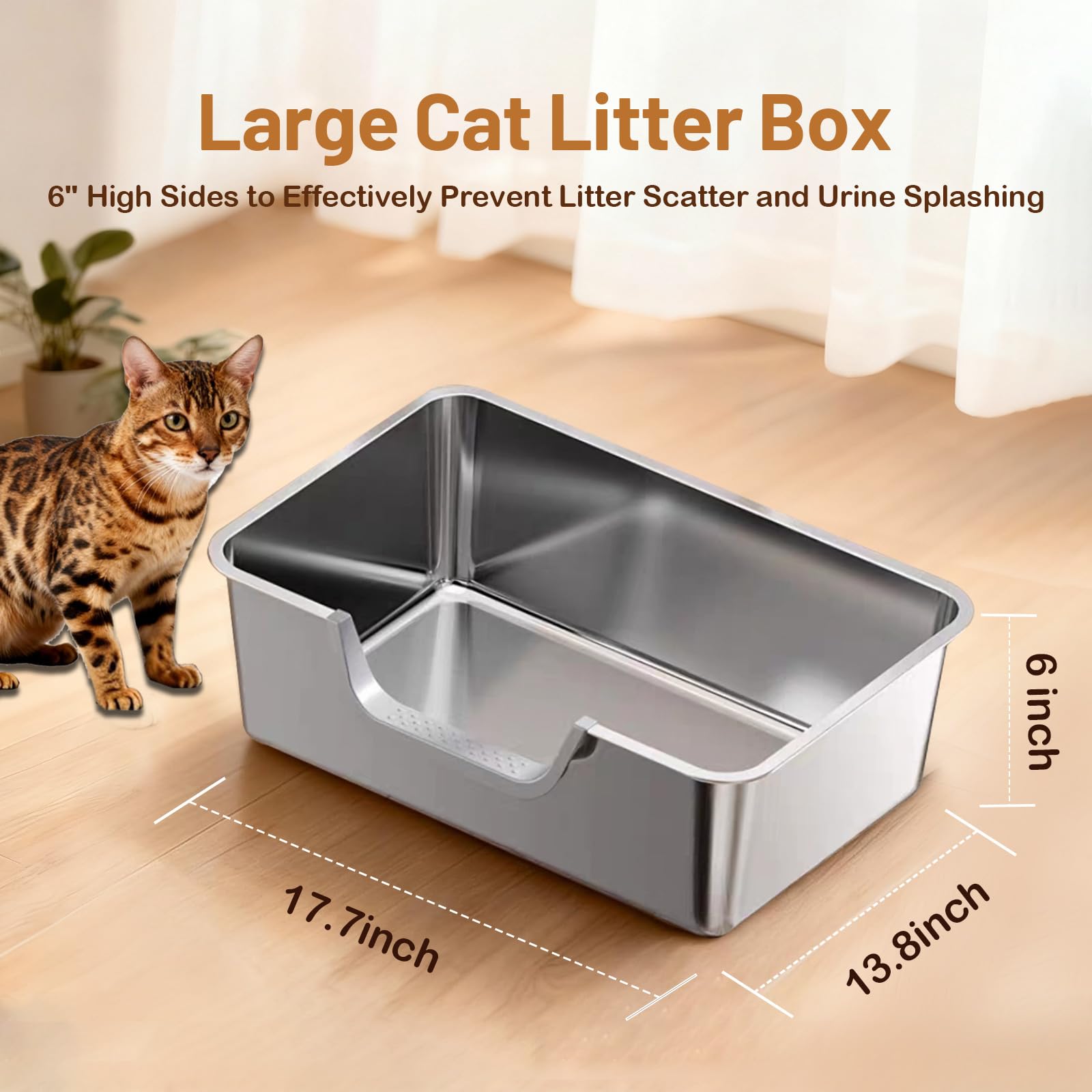 Tondid stainless steel litter box side profile showing rigid construction