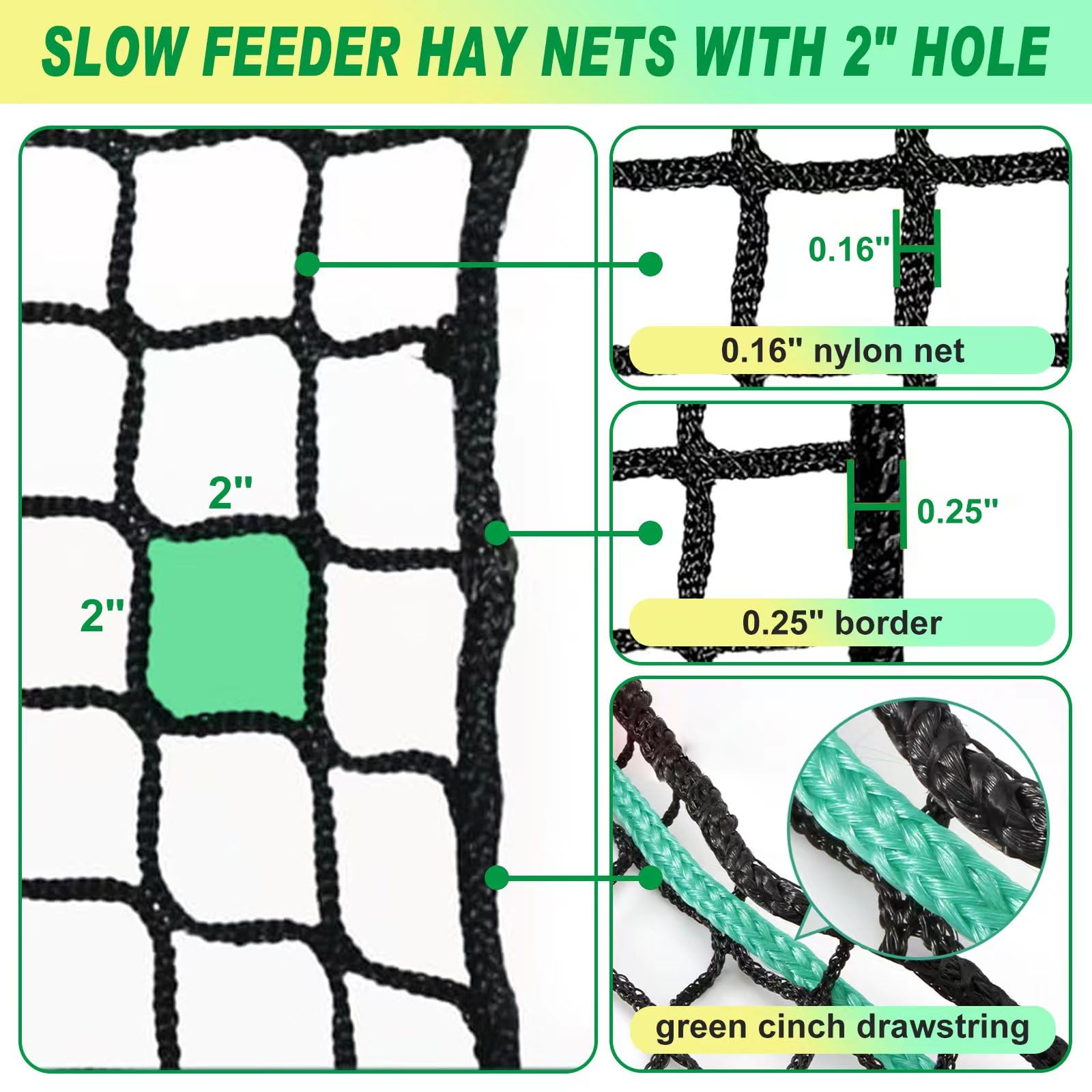 TONGMO 2-inch mesh hay net close-up showing durable weave for slow feeding.