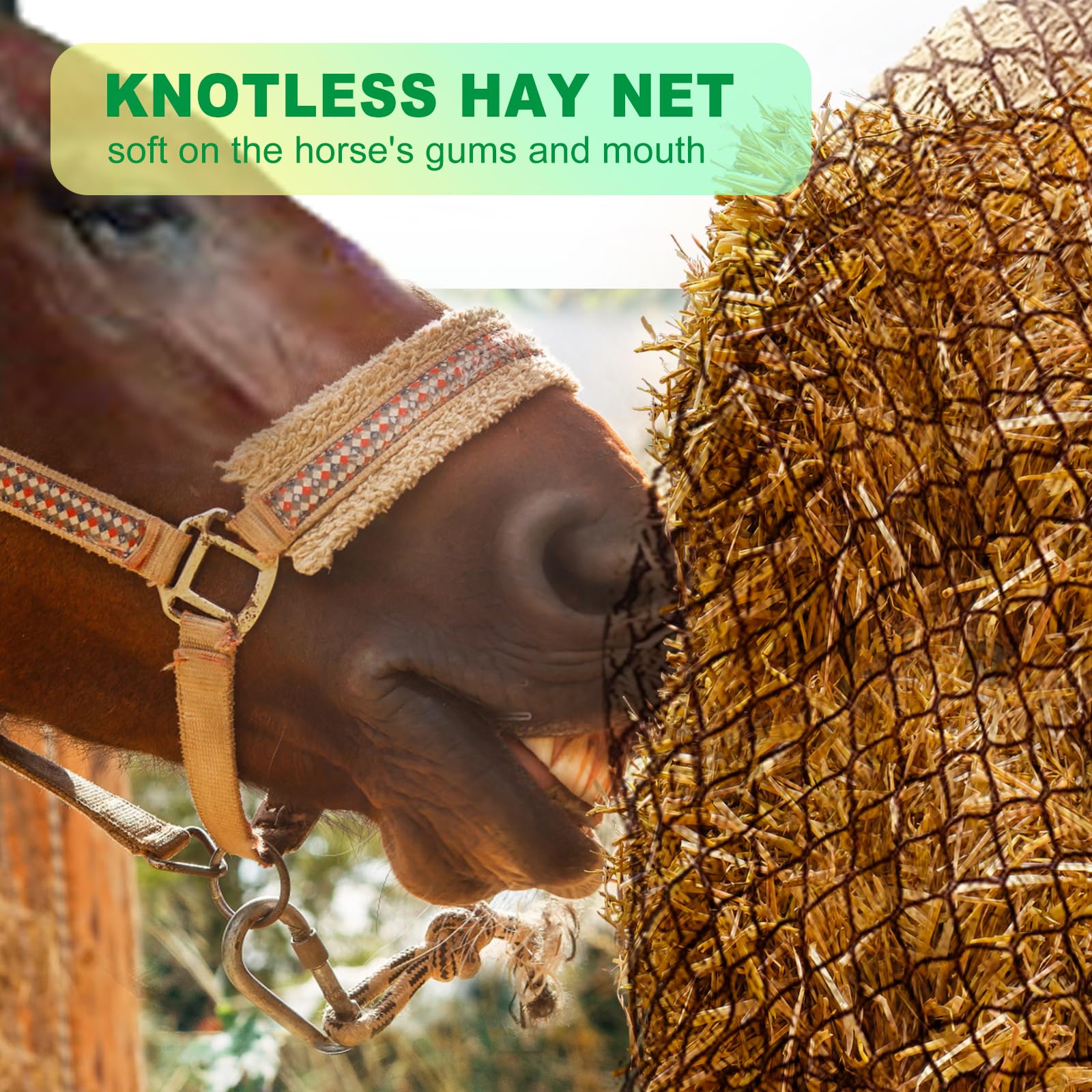 TONGMO hay net helps reduce waste by containing feed.