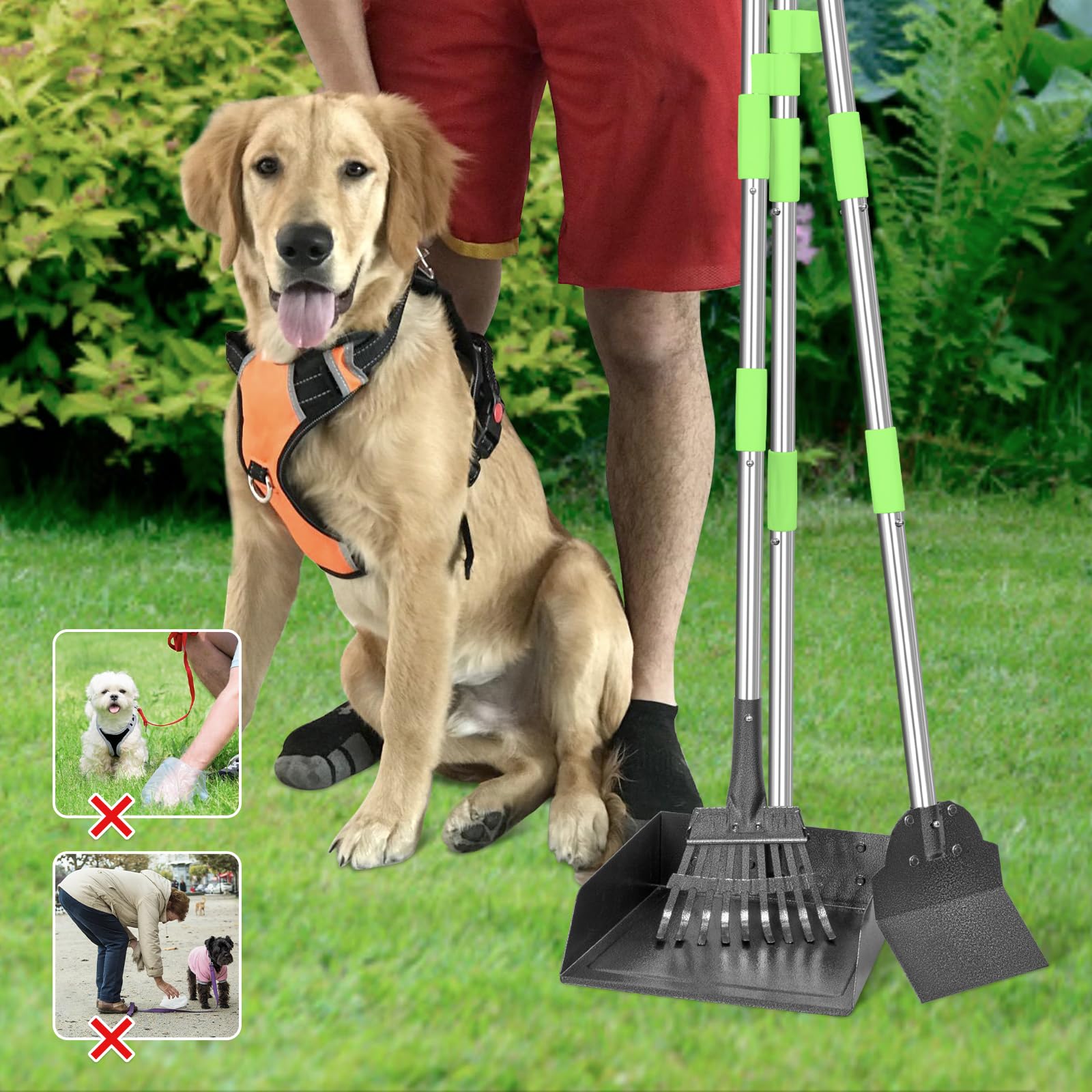 TOOGE Larger Pooper Scooper 2-in-1 snaps and hanging hook simplify storage.