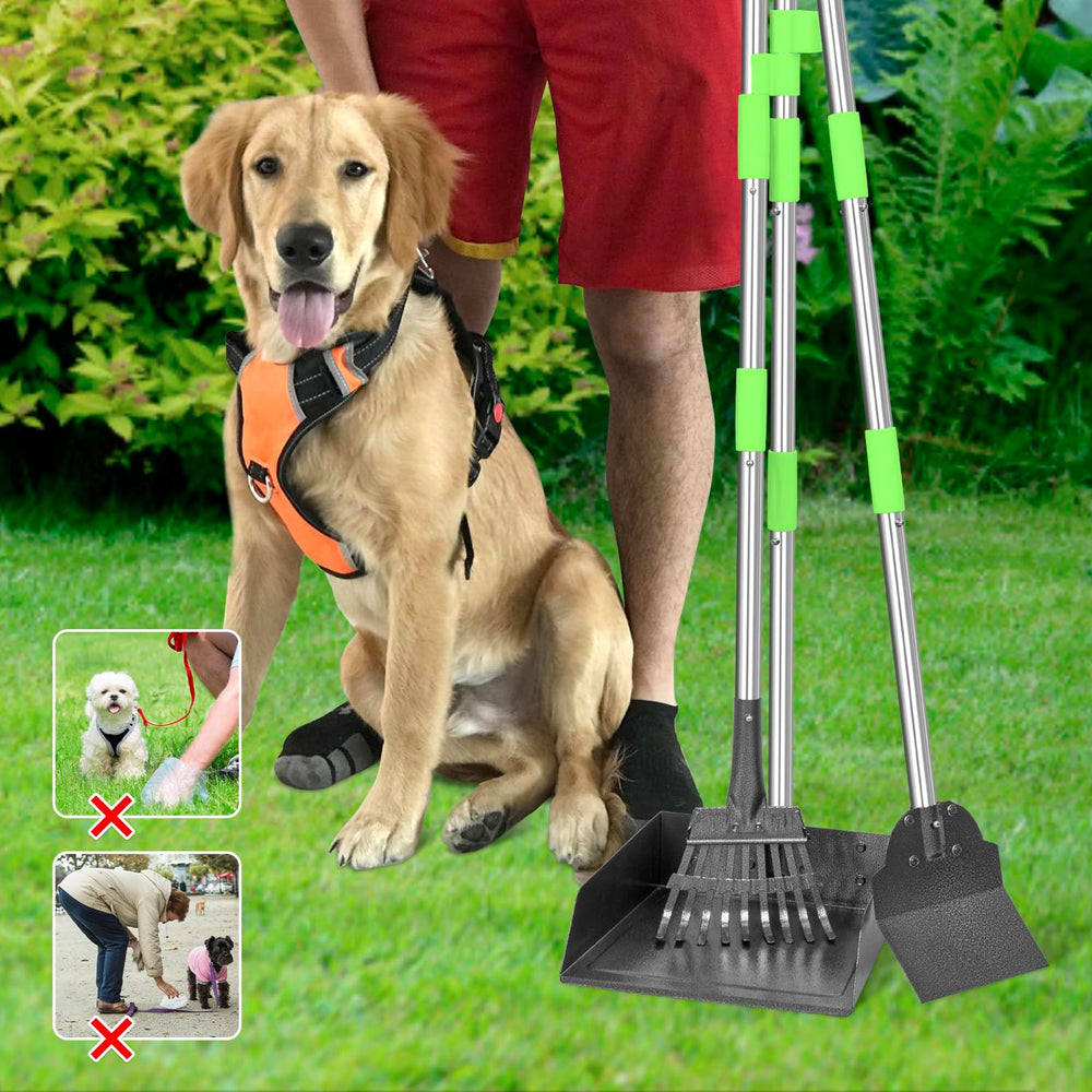 TOOGE Larger Pooper Scooper 2-in-1 snaps and hanging hook simplify storage.
