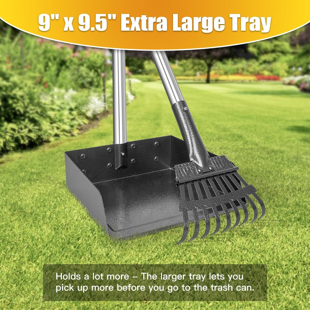 TOOGE Larger Pooper Scooper extended-reach-tray reduces bending during cleanup.