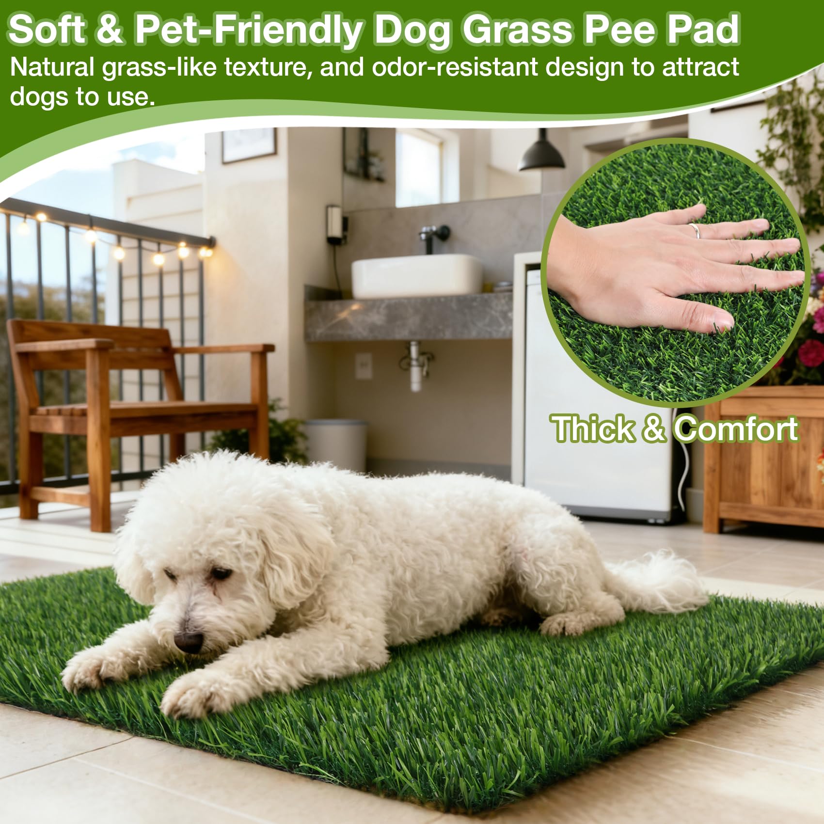 TOOKOO artificial grass pad with soft blades for a comfy outdoor-like surface.