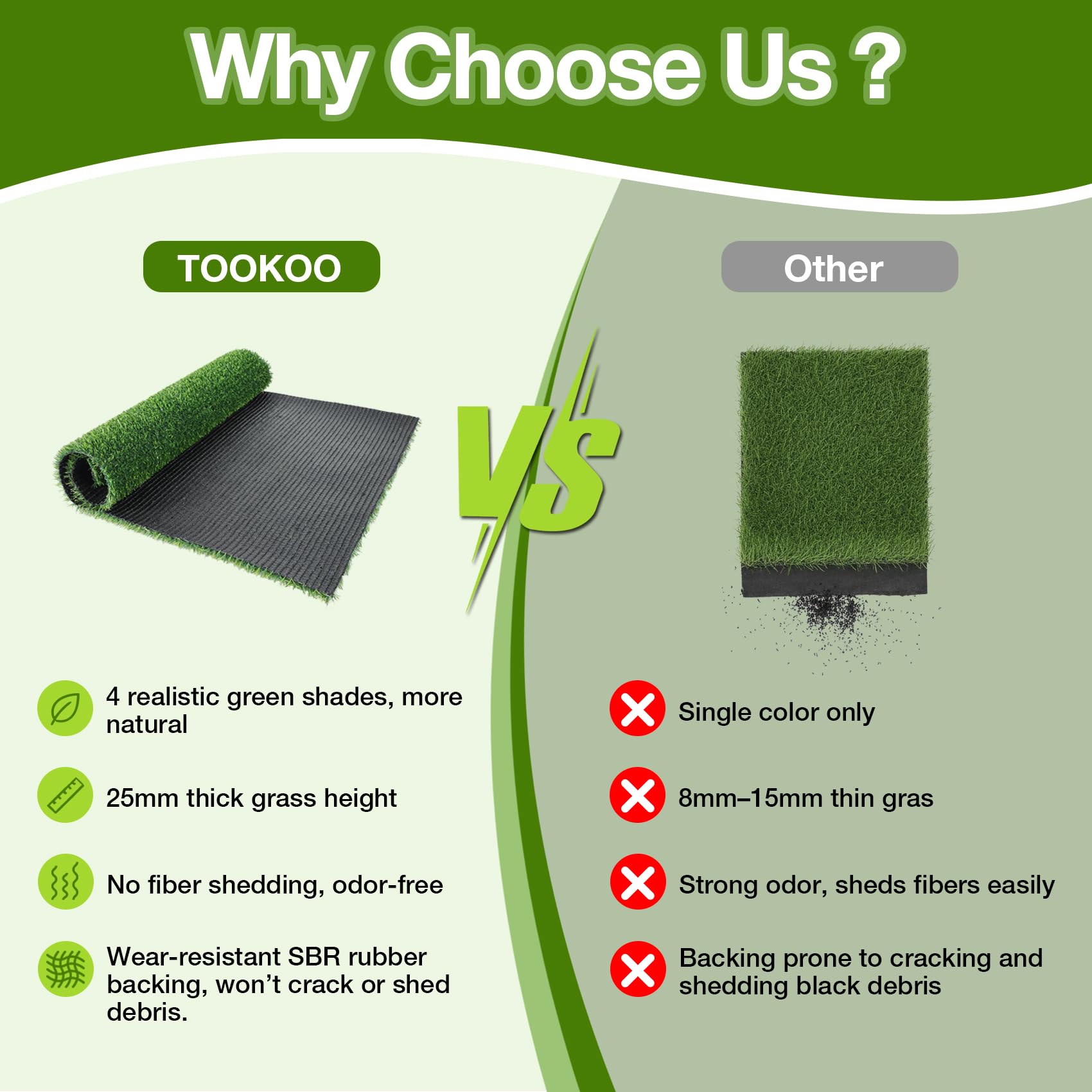 TOOKOO durable all-weather turf with non-slip backing for indoor/outdoor use.