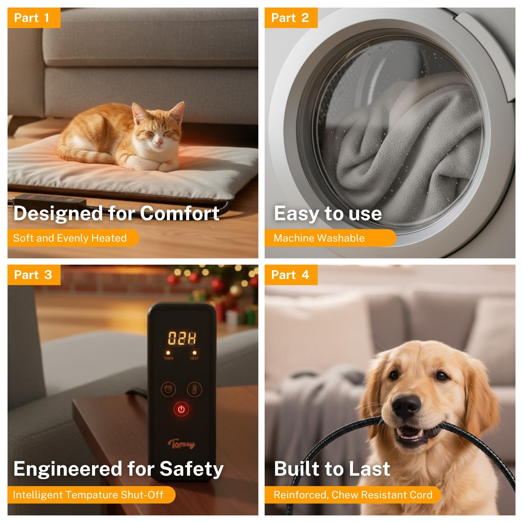 Toozey Large Heated Pet Mat chew-resistant cord prevents nibbling for safer setups