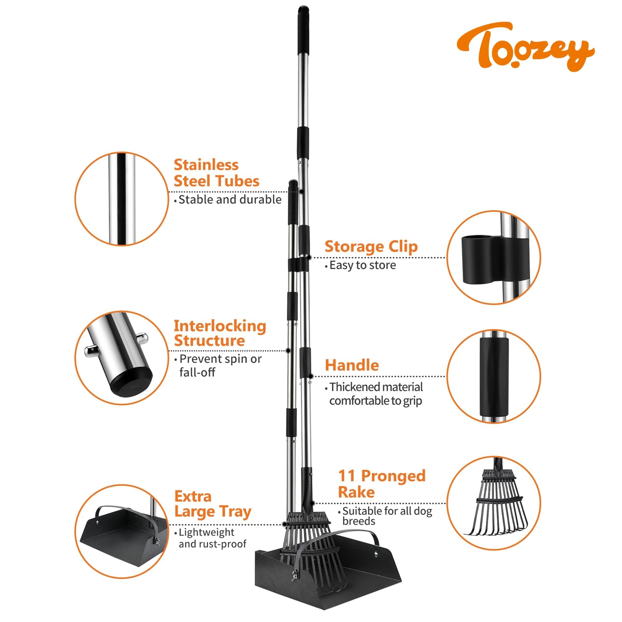 Toozey pooper scooper with 54 inch handle for upright use