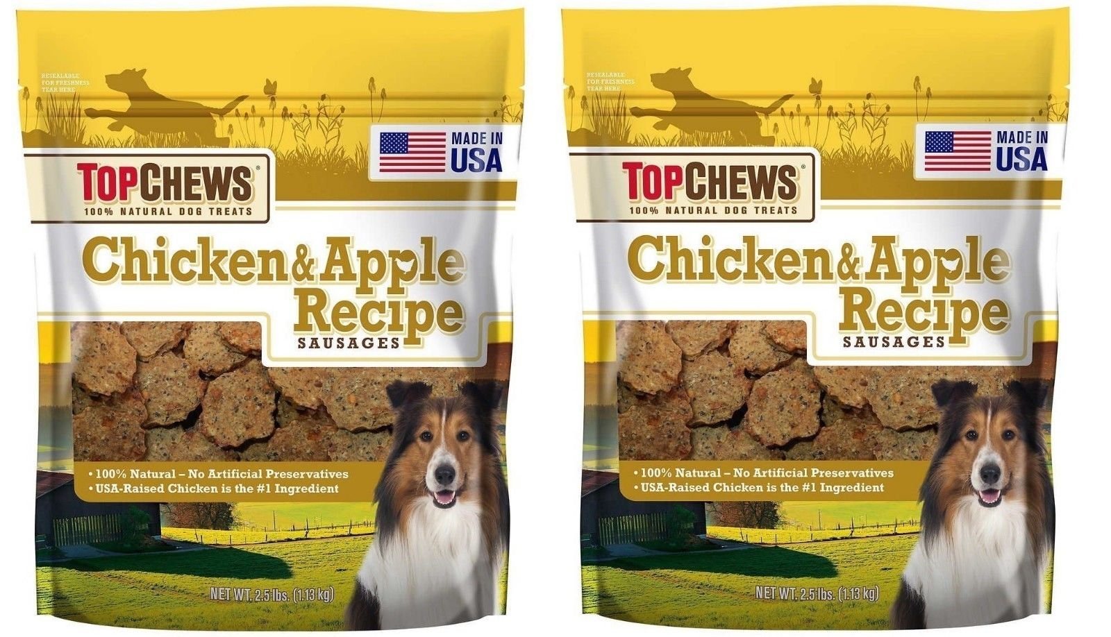 Top Chews Chicken and Apple Sausages 2-Pack packaging, ideal daily reward for dogs