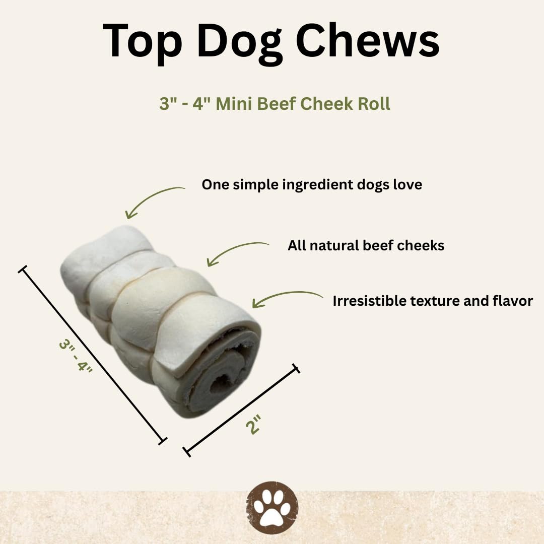 Top Dog Chews 3-inch cheek rolls in sealed pack ideal for long-lasting chewing.