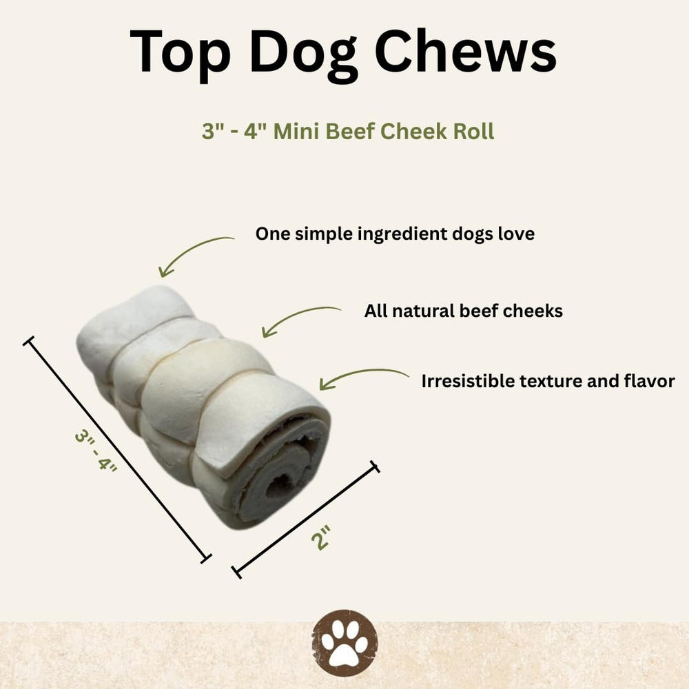 Top Dog Chews 3-inch cheek rolls in sealed pack ideal for long-lasting chewing.