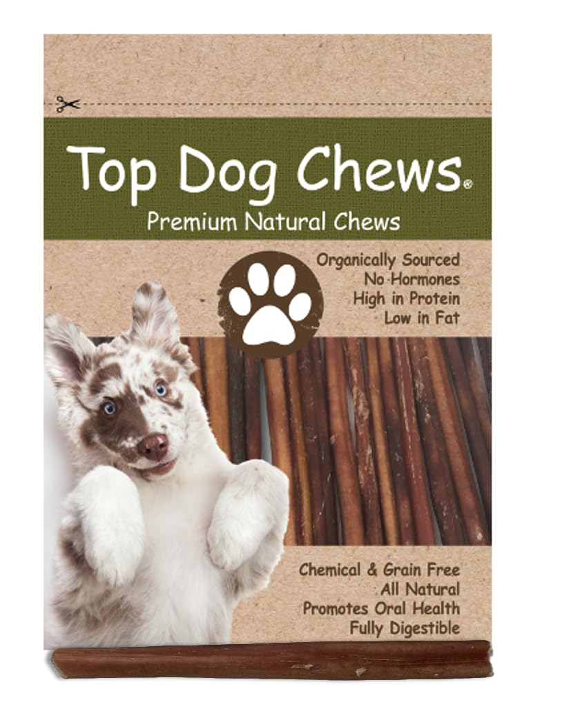 Top Dog Chews 6in bully sticks offer a long-lasting chew for dogs.
