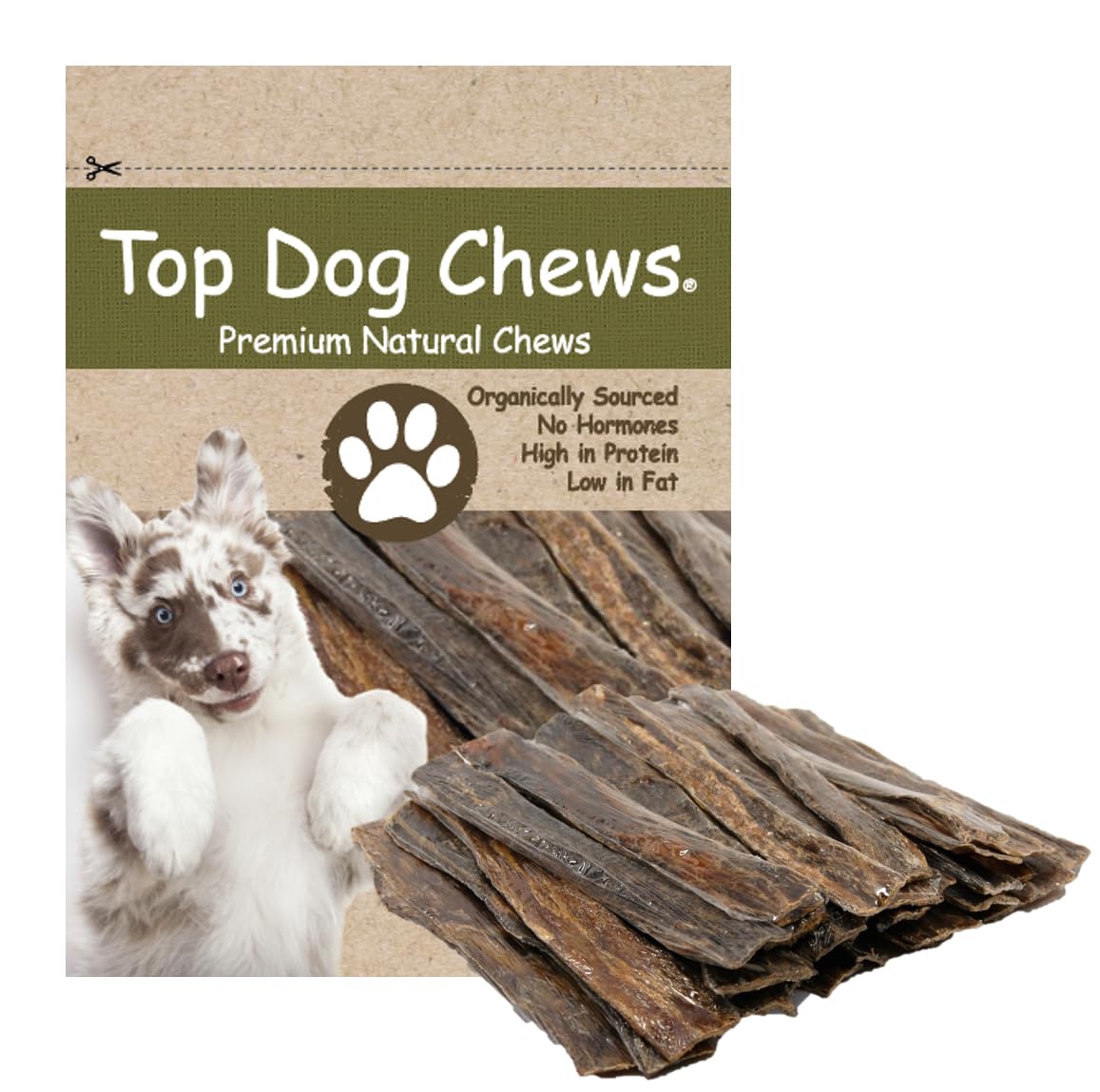 Top Dog Chews beef esophagus jerky 30-pack shown in pack image, dental-friendly treat.