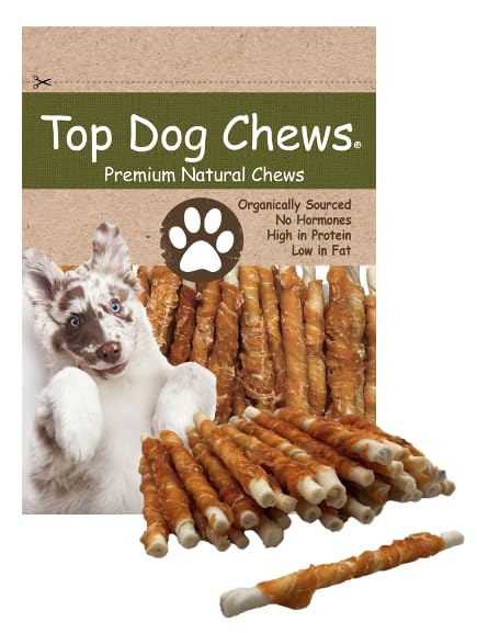 Top Dog Chews chicken-wrapped rawhide twists close-up; durable chew for dogs.