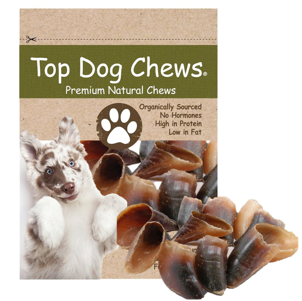 Top Dog Chews cow hooves pack shot showing a natural, long-lasting chew for dogs.