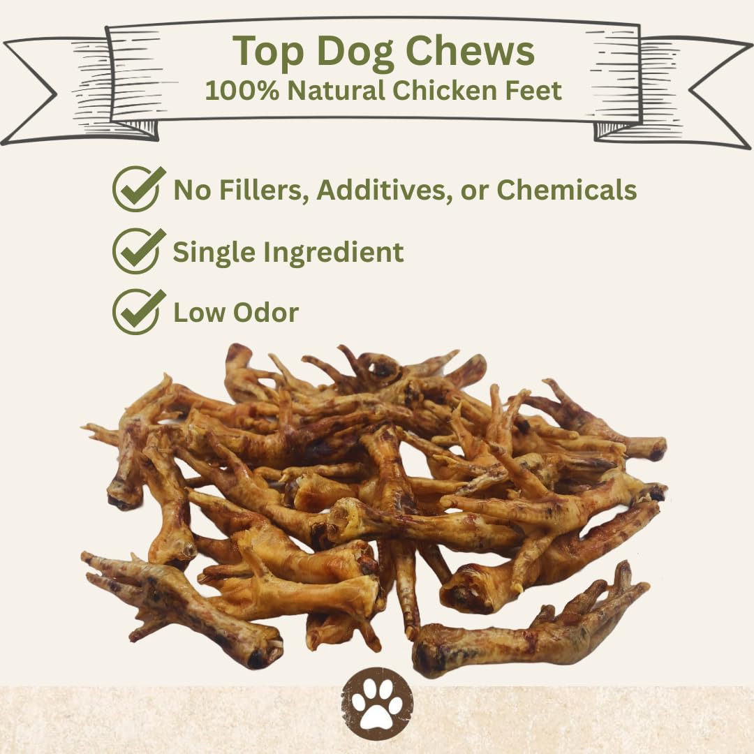 Top Dog Chews Dehydrated Chicken Feet close-up texture highlights crunchy, dental-friendly benefits.