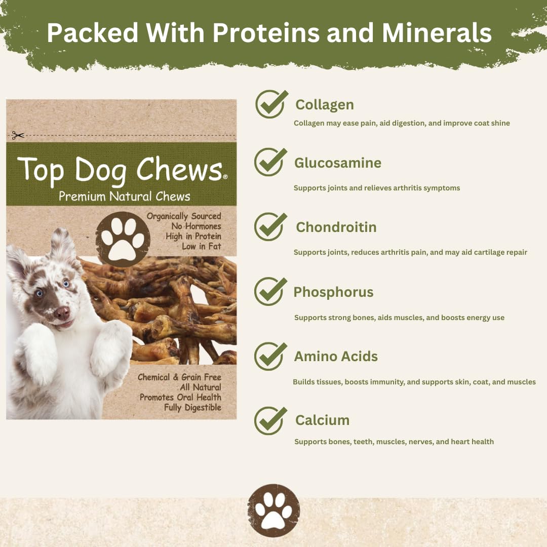 Top Dog Chews Dehydrated Chicken Feet serving bowl showcases training rewards and daily treats.