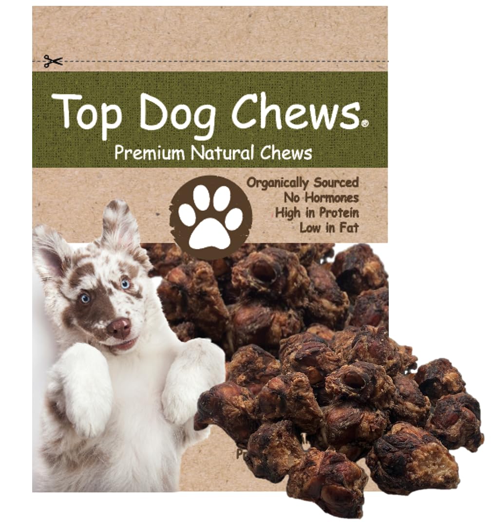 Top Dog Chews Knee Caps package shows long lasting beef chews for aggressive chewers.