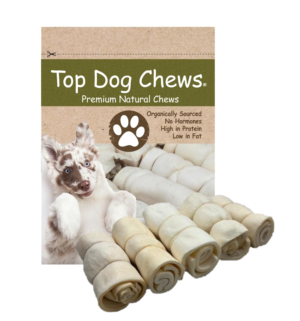 Top Dog Chews beef cheek roll closeup showing durable chew for aggressive chewers.