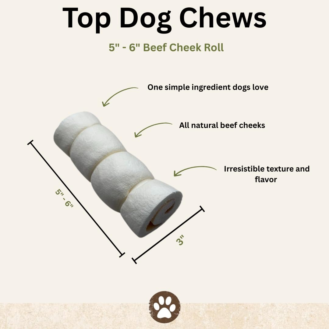 Top Dog Chews roasted beef cheek roll 6in pack image highlights long-lasting chew.