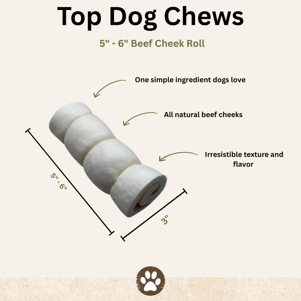 Top Dog Chews roasted beef cheek roll 6in pack image highlights long-lasting chew.