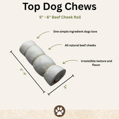 Top Dog Chews roasted beef cheek roll 6in pack image highlights long-lasting chew.
