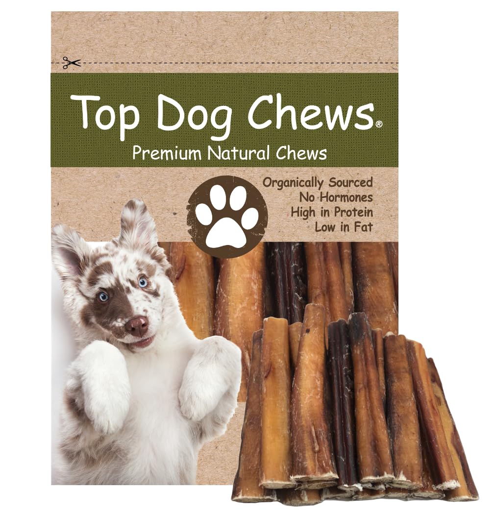 Top Dog Chews thick 6-inch bully stick packaging, a durable chew for medium to large dogs.
