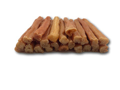 Top Dog Chews turkey tendon round, dog chewing scene, promotes mindful chewing.
