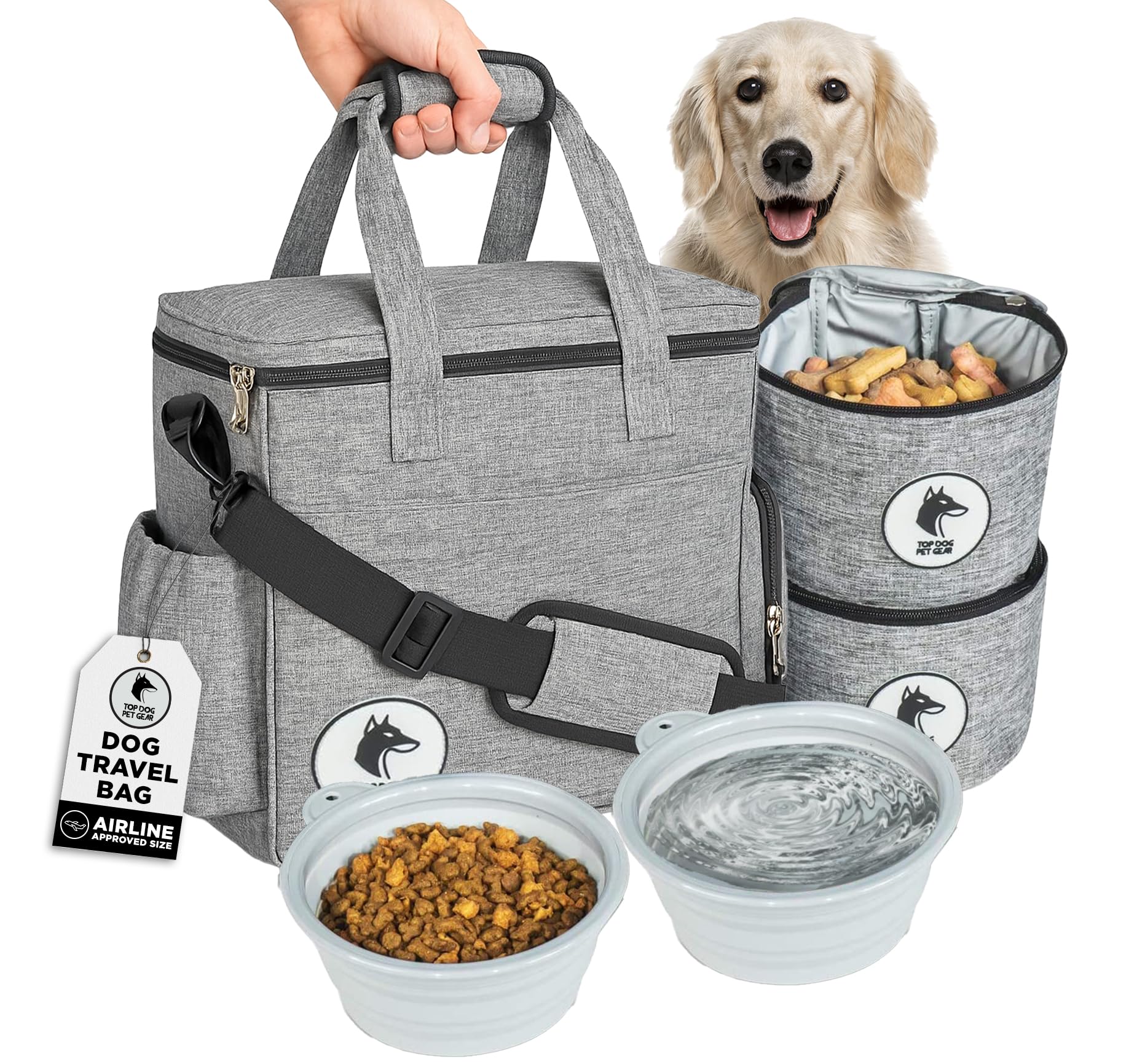 Top Dog Pet Gear travel bag shows a front magnetic sleeve pocket for quick access.