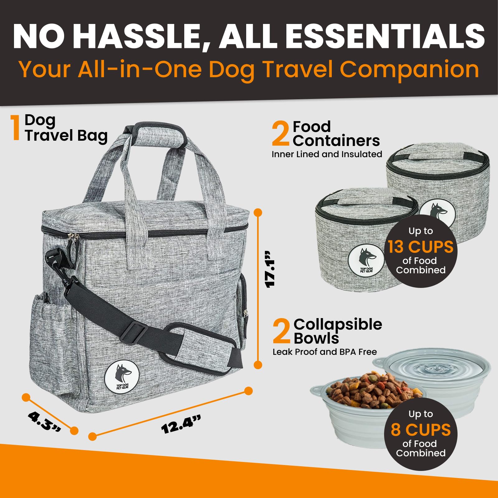 Top Dog Pet Gear dog travel bag with water bottle holder for hydration on the go.
