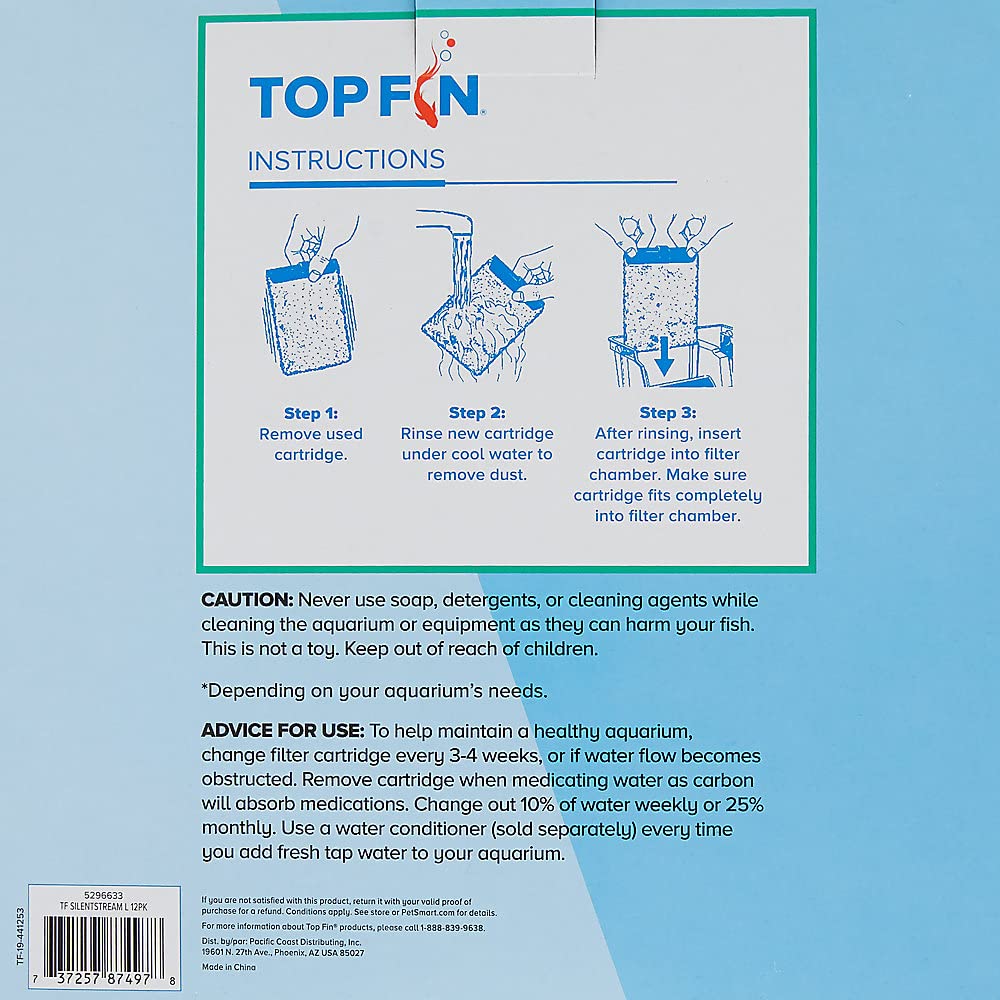 Top Fin activated-carbon cartridge delivers odor control and impurity reduction in aquariums.