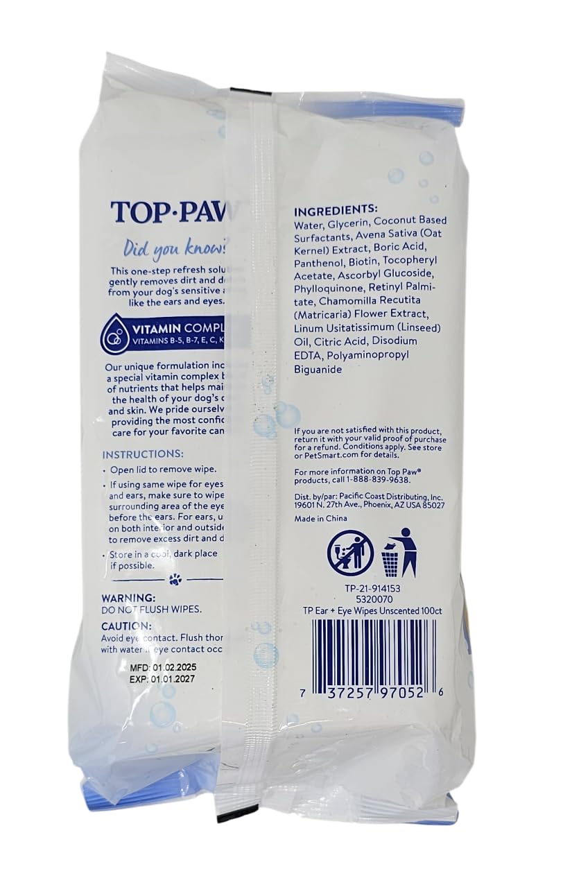 TOP PAW ear and eye wipes with pop-top lid for convenient dispensing.