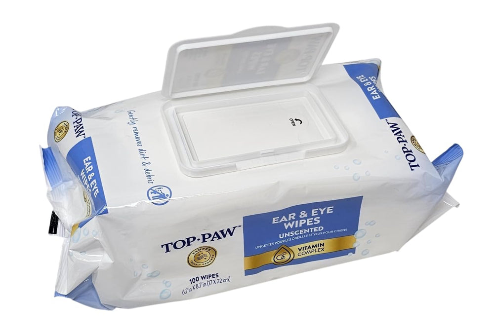 TOP PAW ear and eye wipe close-up shows gentle texture for dog cleaning.