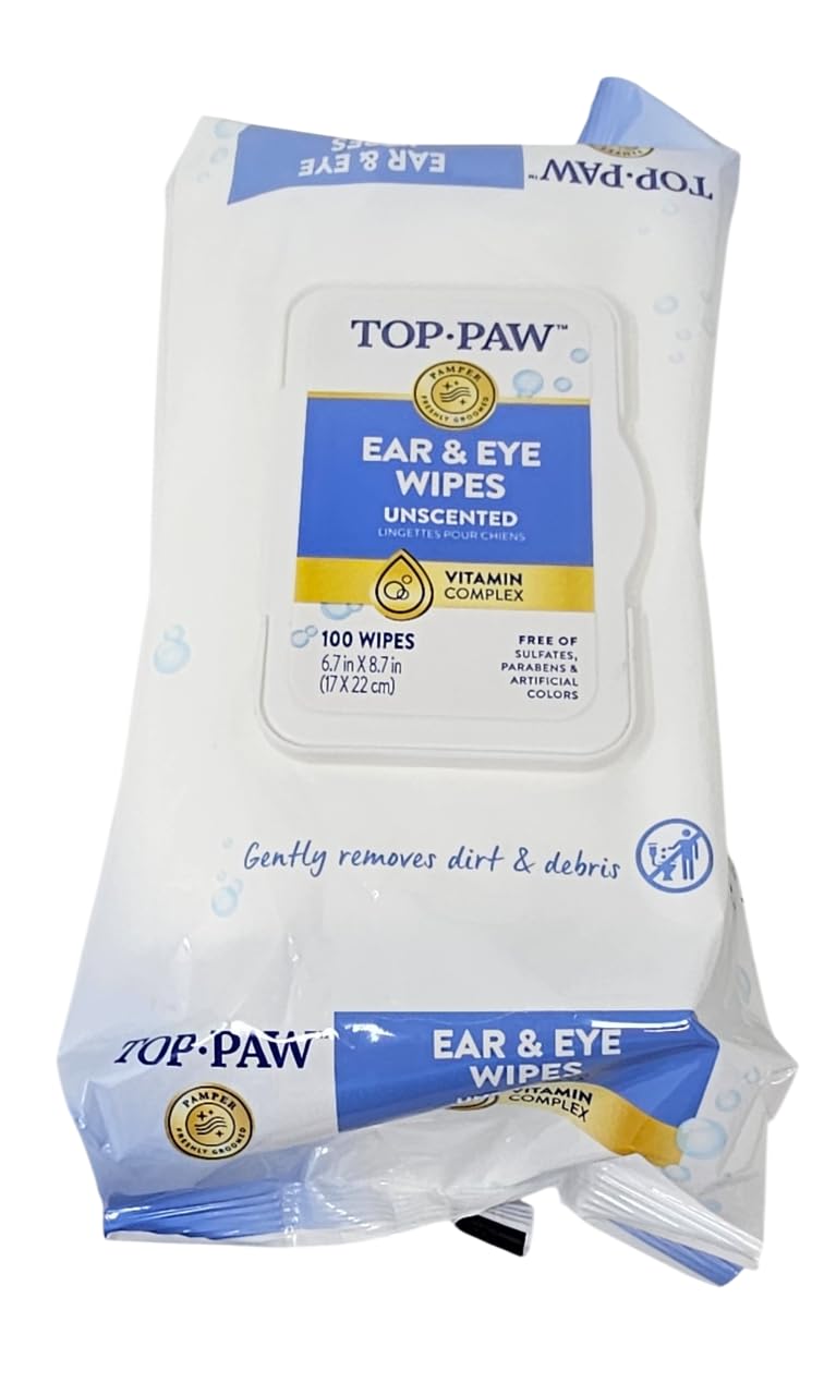 TOP PAW ear and eye wipes packaging for dogs, 100-count, easy to store.