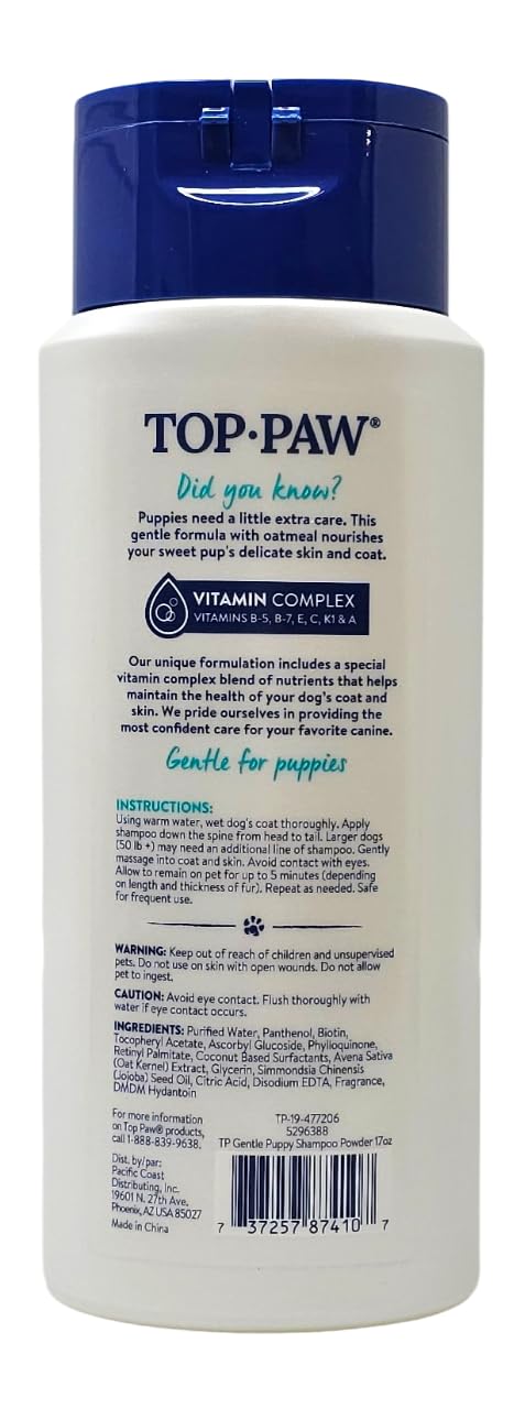 Top Paw shampoo pour spout image suggests convenient bath-time use.