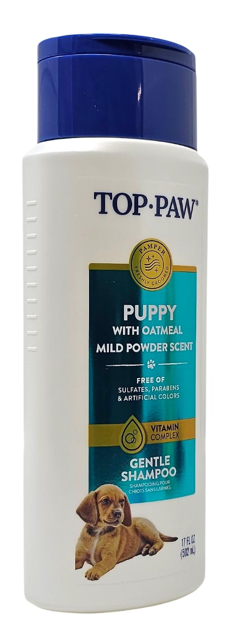 Top Paw puppy oatmeal gentle shampoo in a bath scene for easy grooming.