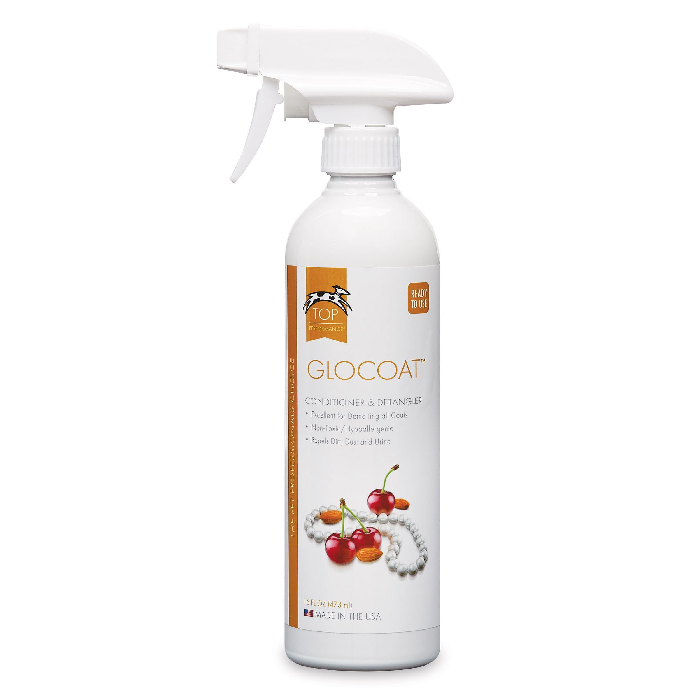 Top Performance GloCoat conditioner bottle ready for quick spray detangling on damp coats