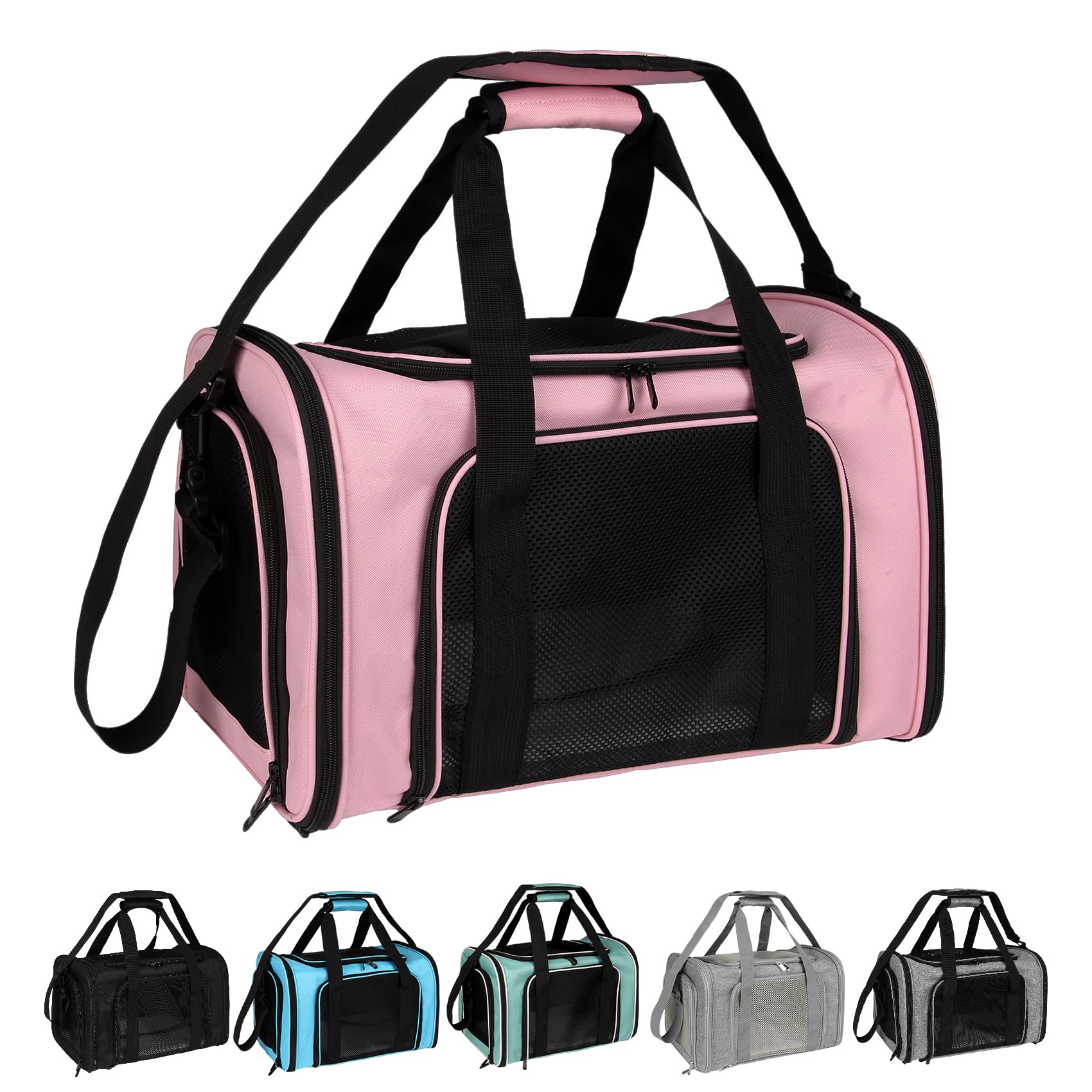 Top Tasta pink dog cat carrier front view, inviting travel space for pets