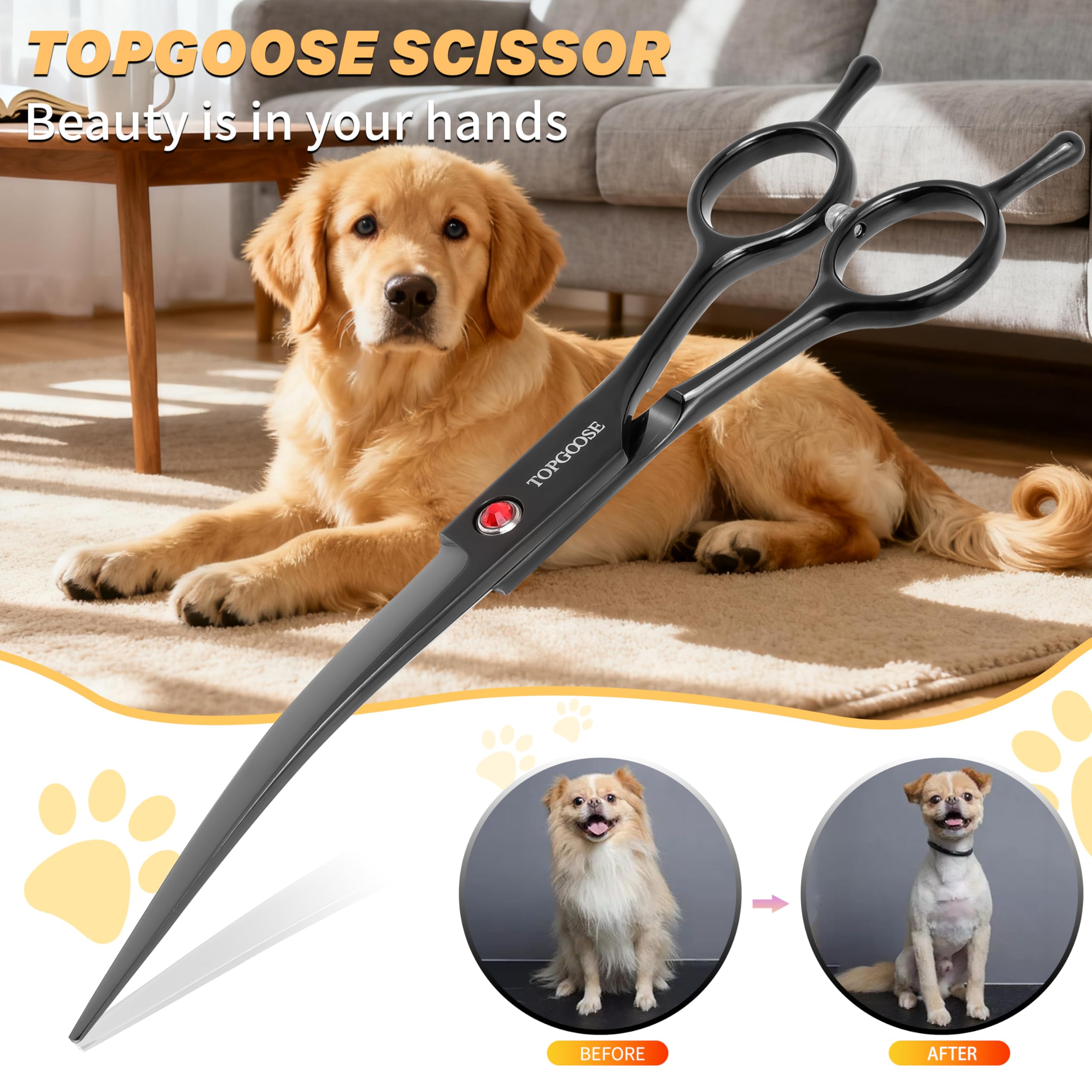 TOPGOOSE 440C stainless steel blade dog grooming scissor for precise cuts.