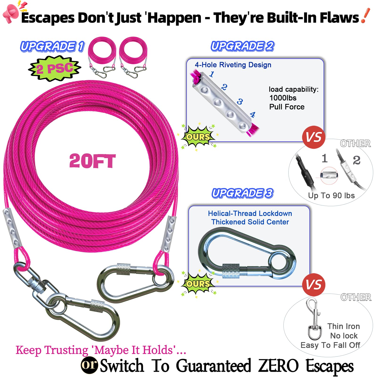 Topknot 20ft dog cable offers durable stainless steel for reliable outdoor containment.