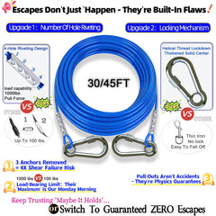 TopKnot 30ft dog run cable stretched between anchors for outdoor tethering.