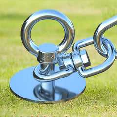 TOPKNOT dog tie-out stake close-up showing heavy-duty 304 stainless steel for durability.