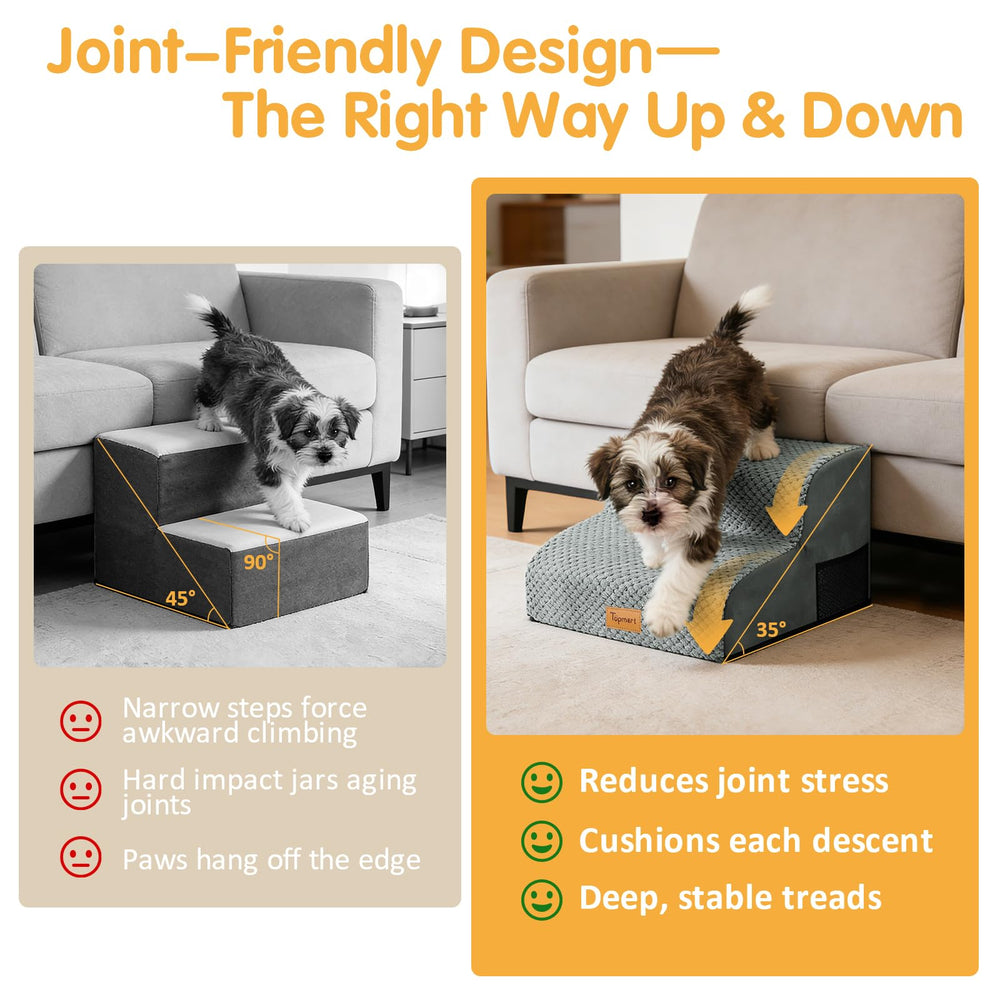 Topmart foam dog steps with wide treads for secure footing on furniture.