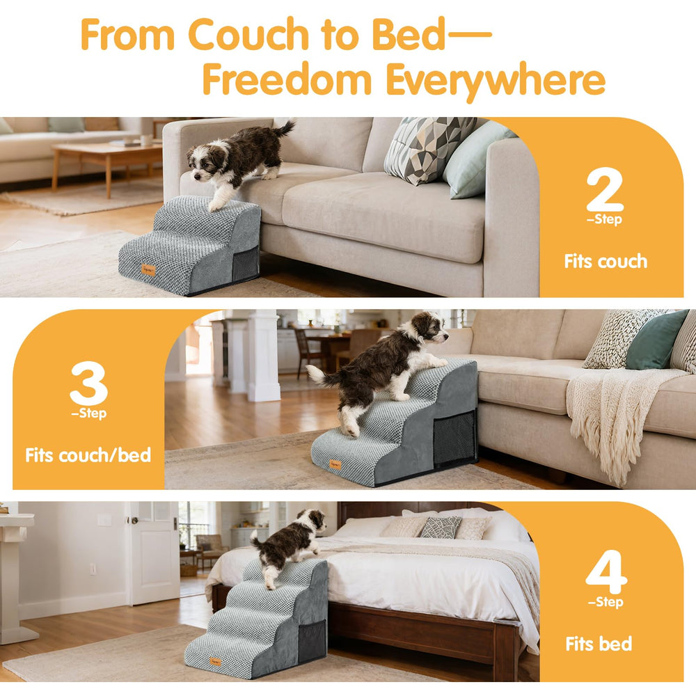 Topmart pet steps beside a sofa and bed, illustrating versatile fit.