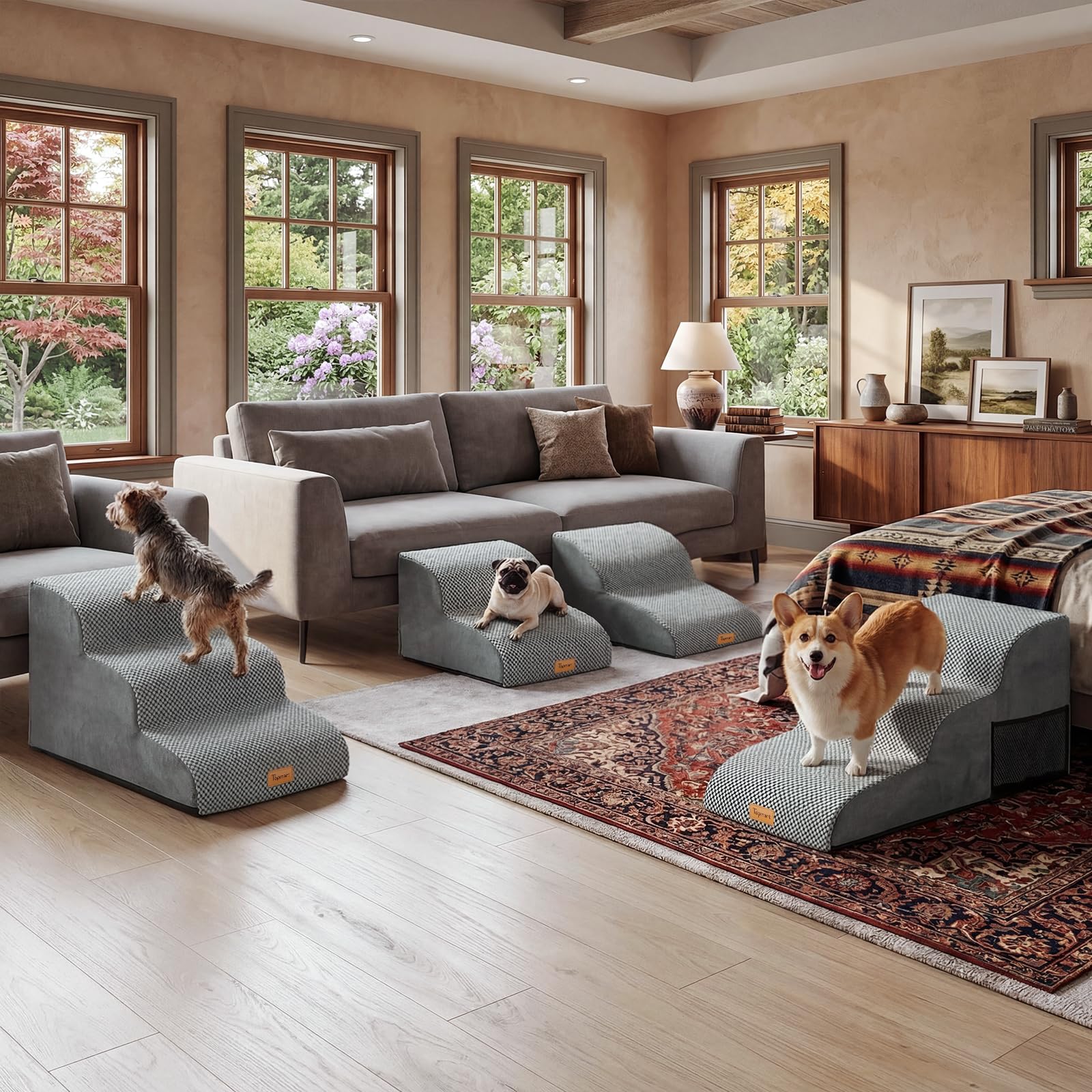 Topmart two-tier pet stairs on a low sofa, aiding pet elevation safely.