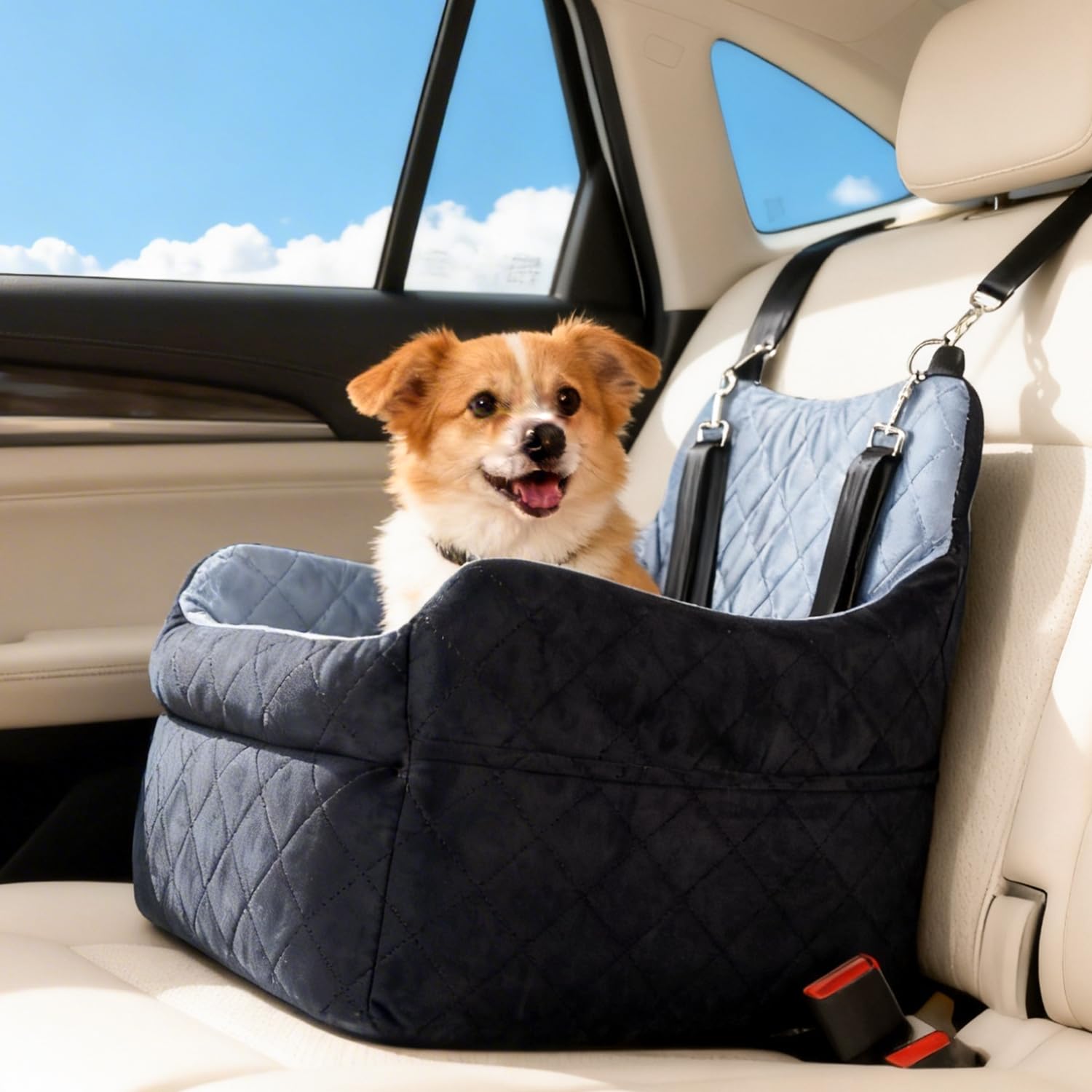 TOPOmerice dog car seat with elevated view for small dogs during car rides.